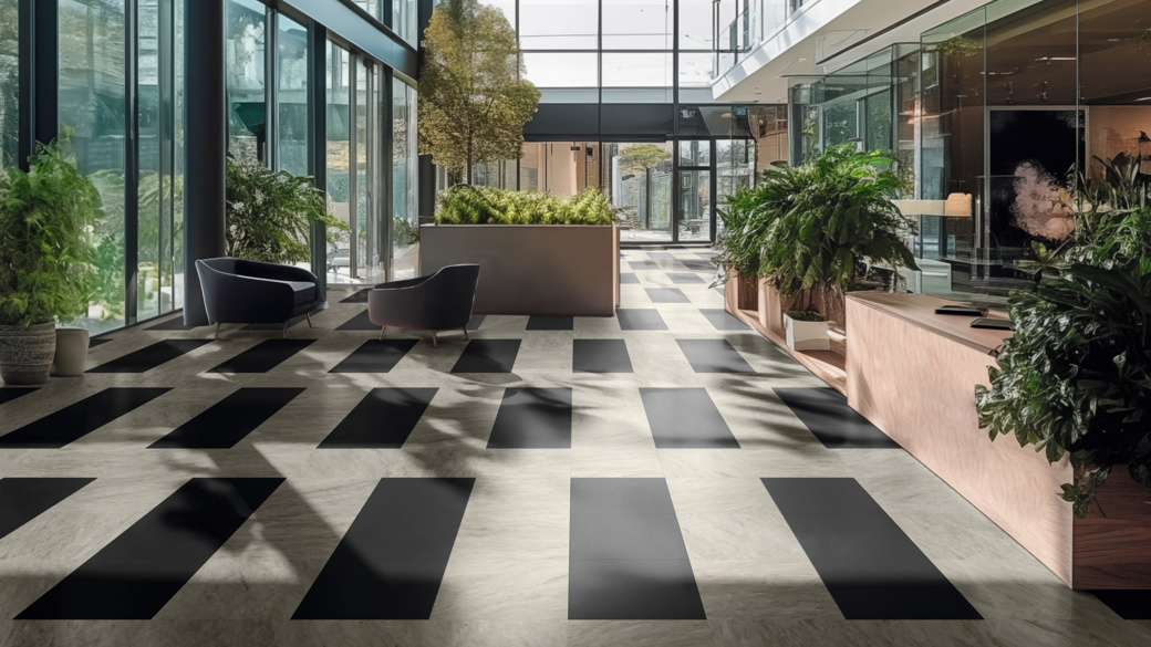 Ionic Marble LM30 and Corinthian Marble LM31 tiles in a block pattern in an office lobby