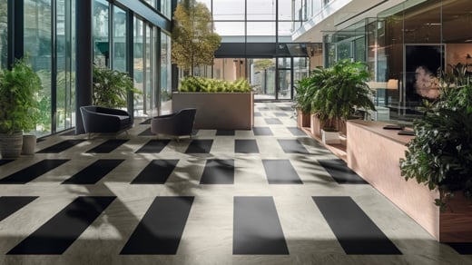 Ionic Marble LM30 and Corinthian Marble LM31 tiles in a block pattern in an office lobby