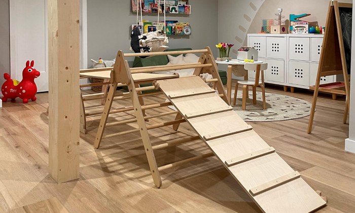Warm Ash rigid core lvp floors in a basement kid's playroom by Balkanina