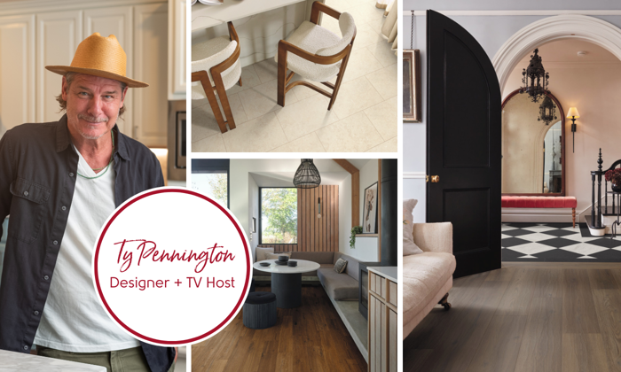 Ty Pennington and a collage of design aesthetic rooms