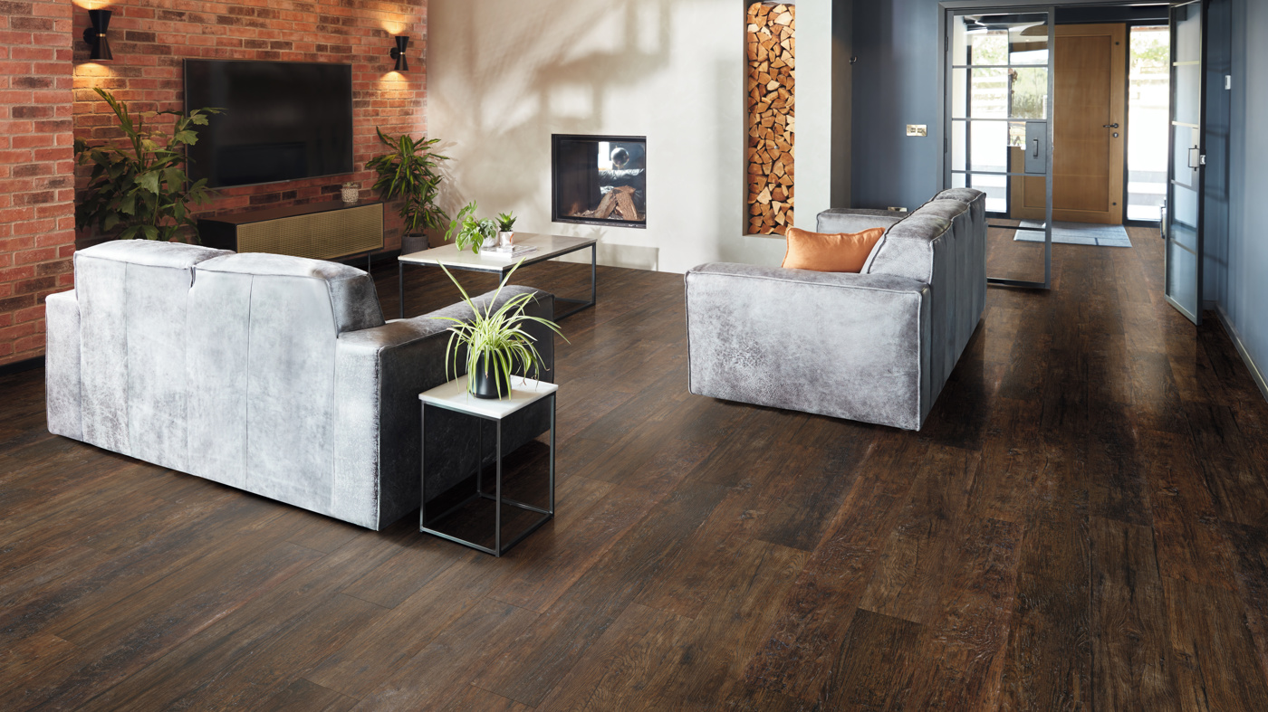 Medina Weathered Oak floors from the Korlok Reserve collection add a rustic feel to a living room