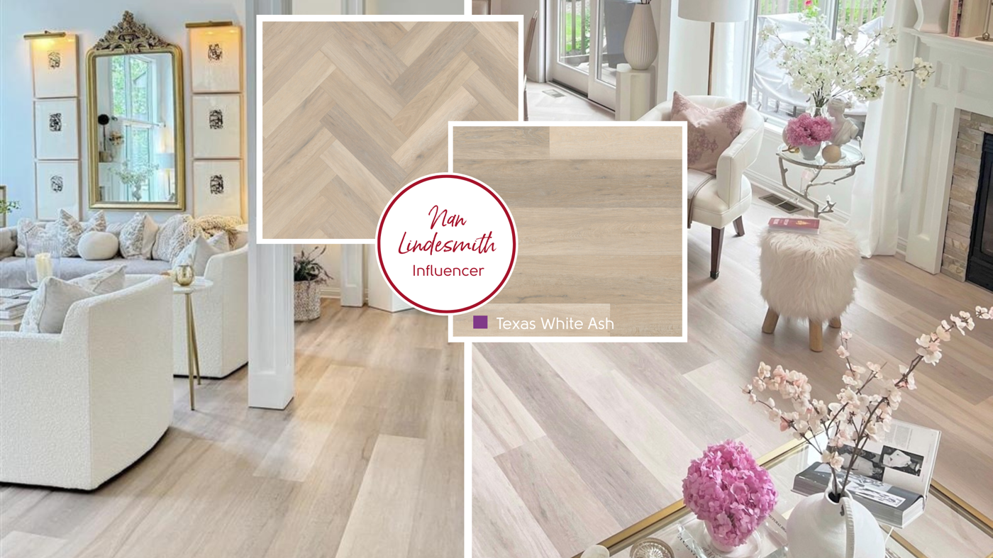 Floating Texas White Ash luxury vinyl floors in straight lay and herrinbone add to the luxe style of Nan Lindesmith's kitchen and living room