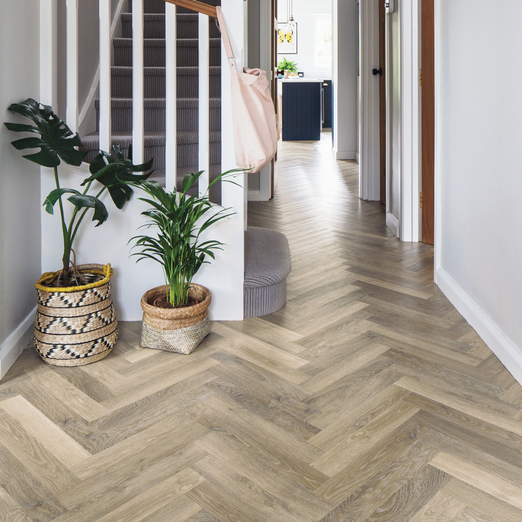 Karndean lime washed oak herringbone wood flooring in a hallway Knight Tile Rubens SM-KP99