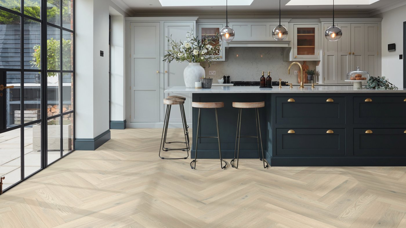 Basque Oak small herringbone floors in a bright kitchen