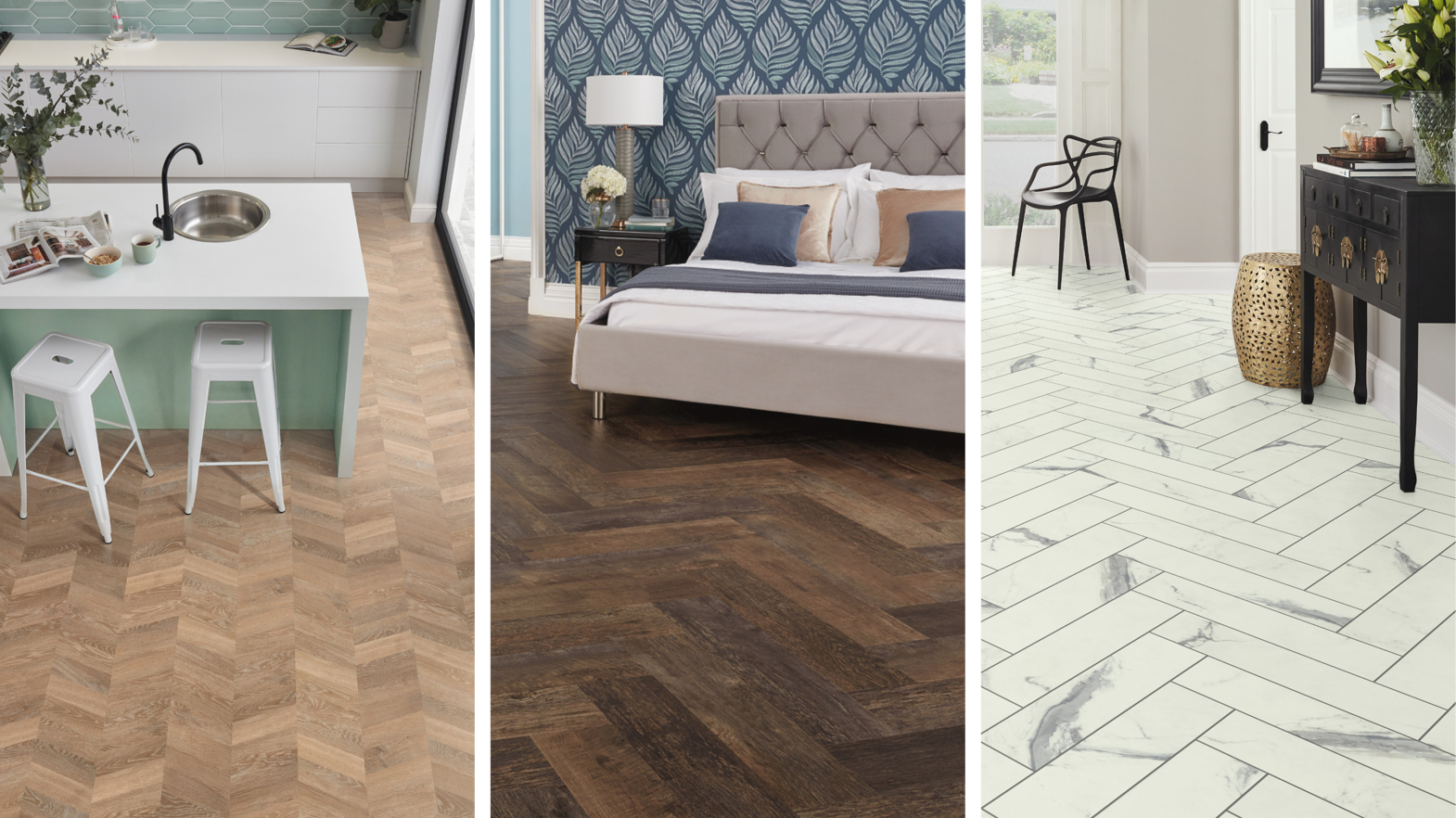 Left: Pale Limed Oak CH-KP94 chevron in a kitchen; Center: Salvaged Barnwood SM-RKP8209 herringbone in a bedroom; Right: Palazzo Marble SM-RKT3012-G herringbone in an entryway.