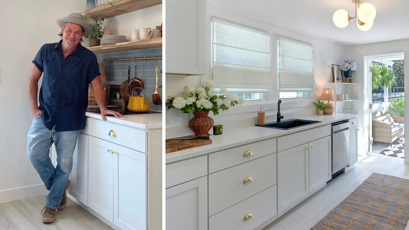 Ty Pennington in a kitchen he designed featuring Ivory Brushed Oak lvp floors from the Korlok Select collection