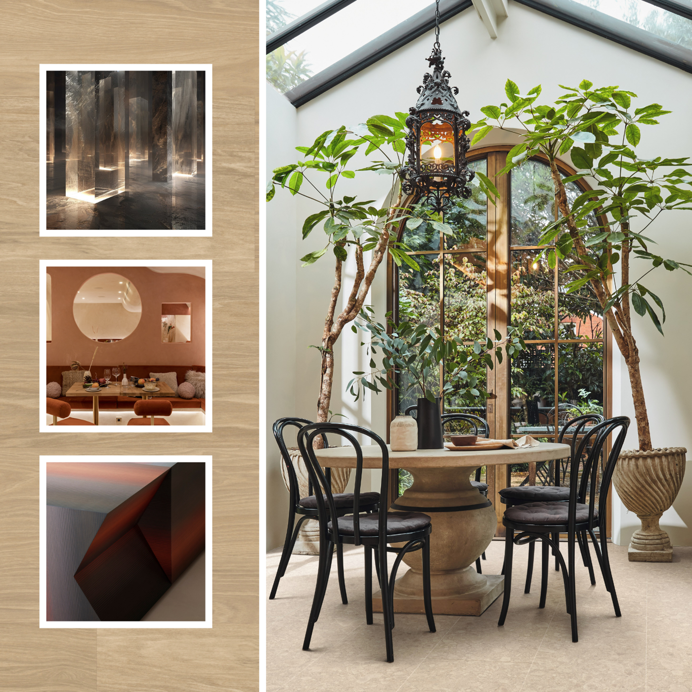 Collage of Prana design aesthetic featuring a bright dining room with Sabbia Ceppo LM44 floors