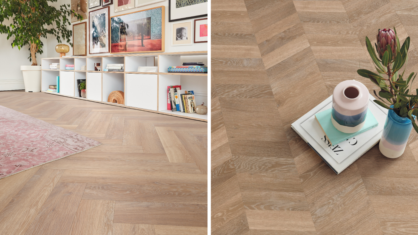 Pale Limed Oak lvp floors shown in a herringbone pattern (left) and a chevron pattern (right); available for installation in gluedown and rigid core