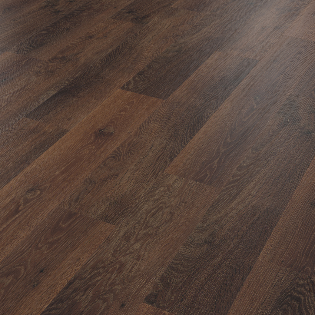 Angled overhead photo of KP98 Aged Oak dark wood LVT flooring by Karndean