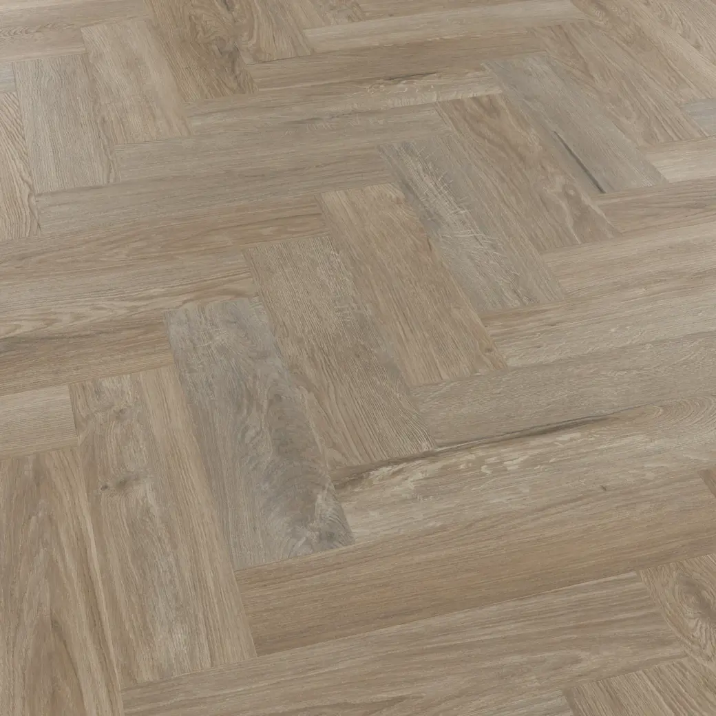 Aviemore Oak grey brown LVT herringbone flooring by Karndean