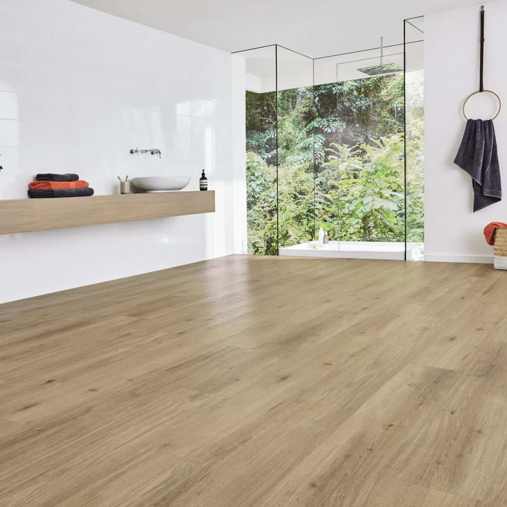 Canadian Urban Oak rigid core lvp floors in a bathroom