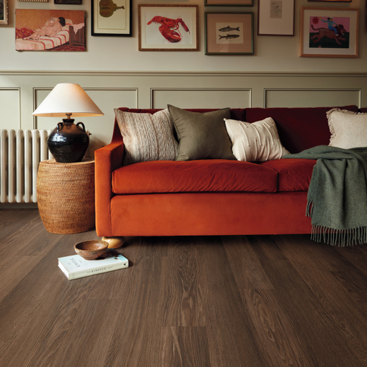Nutmeg limed oak dark brown lvt flooring laid in a living space