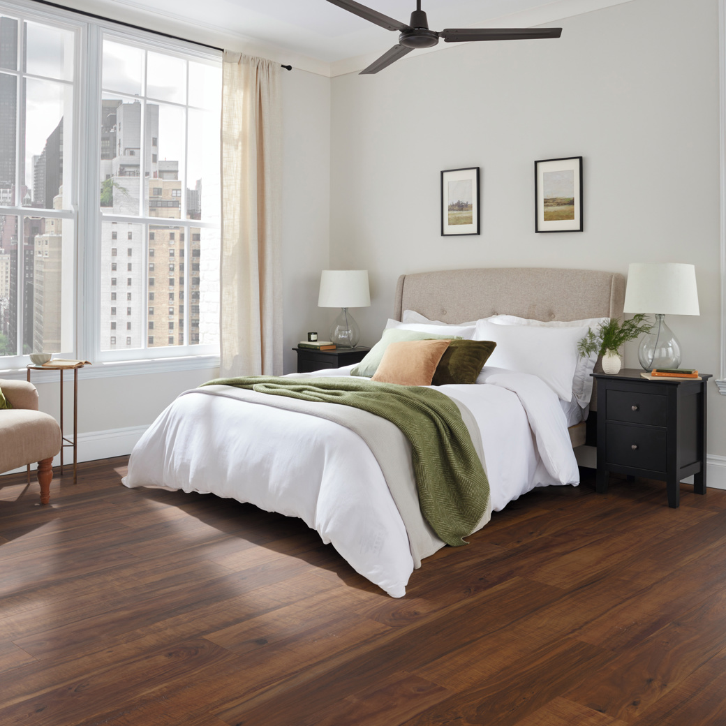 Ohana Koa lvp floors in a bedroom; available in gluedown and rigid core